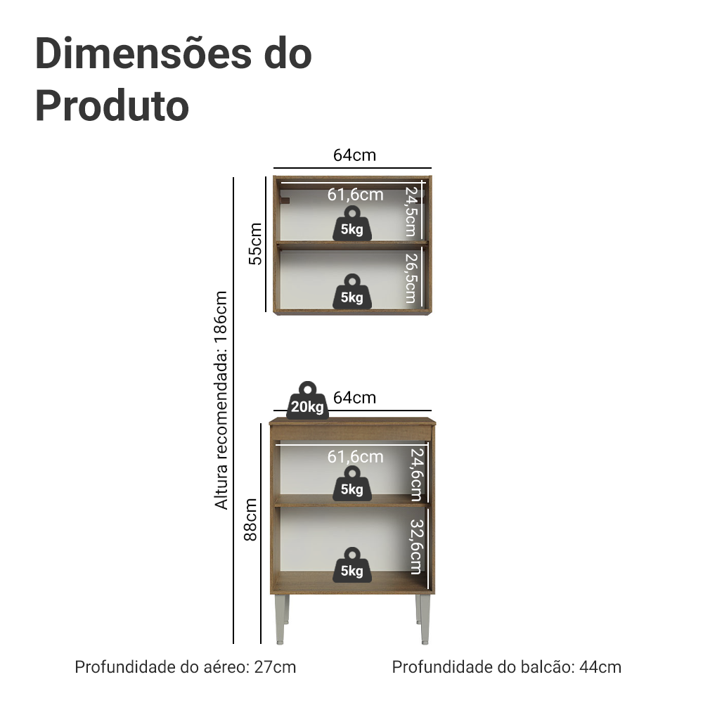 Kit com Armário Aéreo e Balcão 64cm Rustic/Branco Emilly Madesa