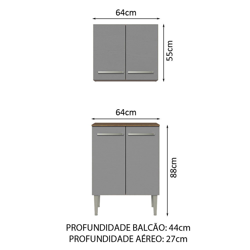 Kit com Armário Aéreo e Balcão 64cm Rustic/Cinza Emilly Madesa