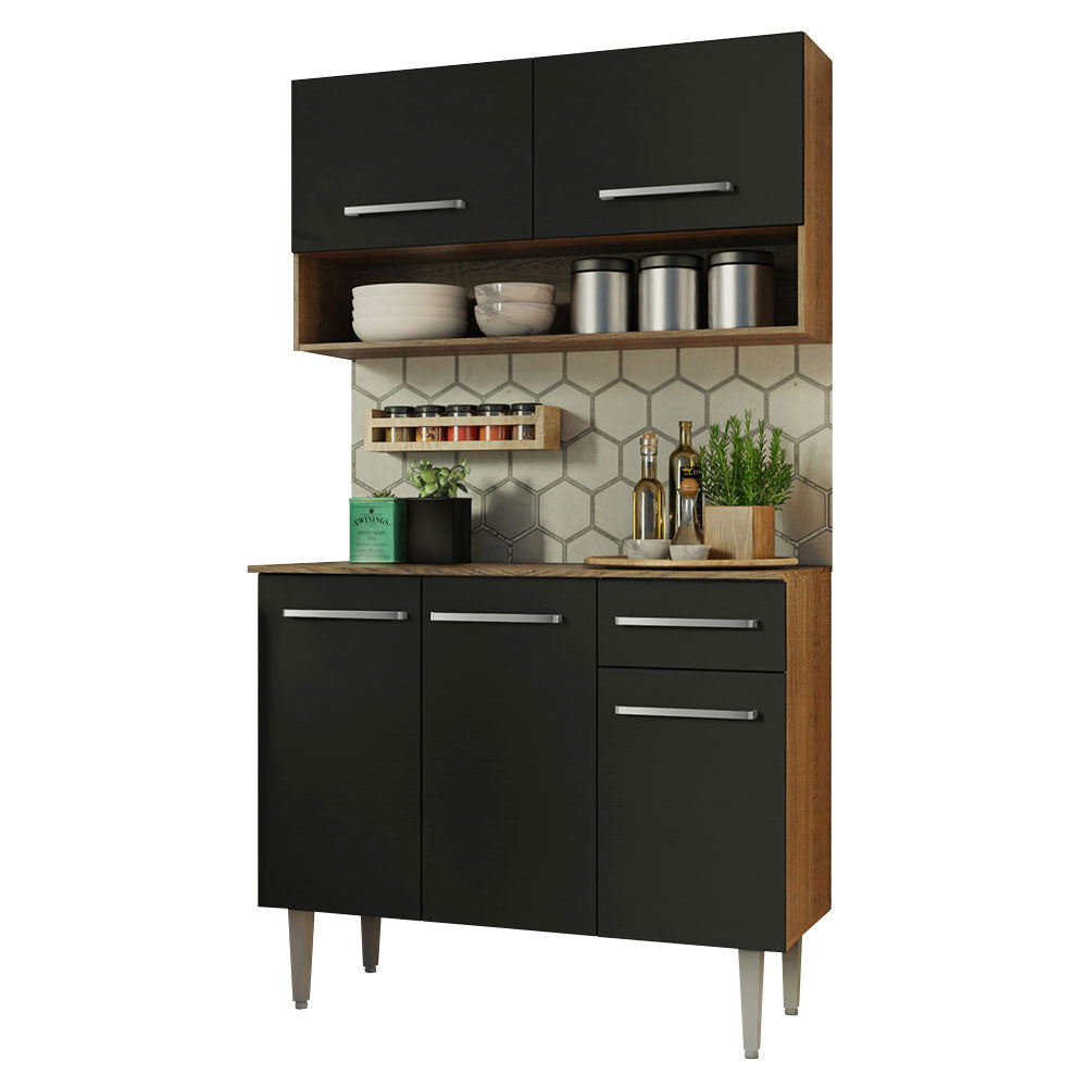 Armário de Cozinha Compacta 105cm Rustic/Preto Emilly Madesa