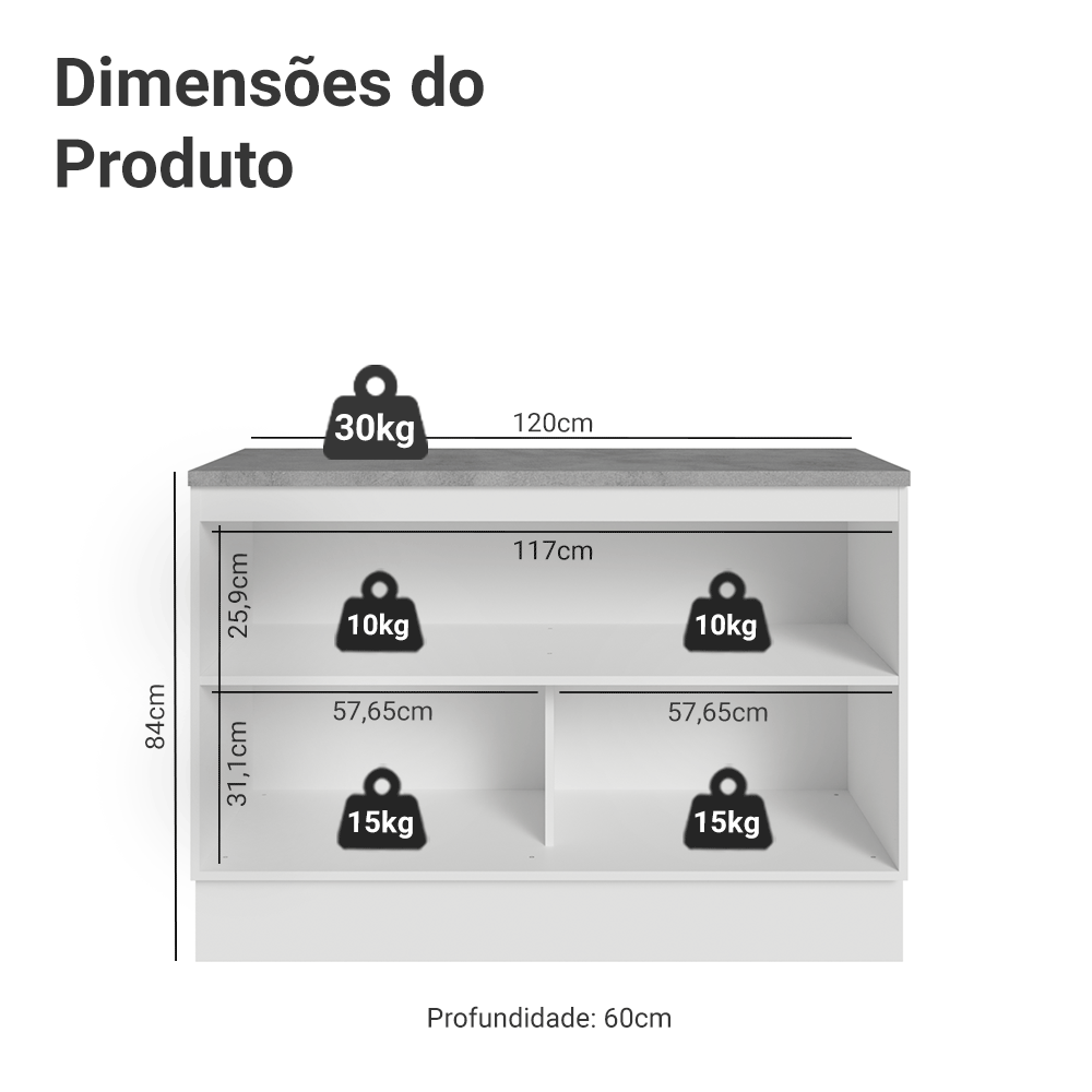 Balcão Gabinete Madesa Agata 120 x 60 cm 2 Portas (Com Tampo) Branco/Preto