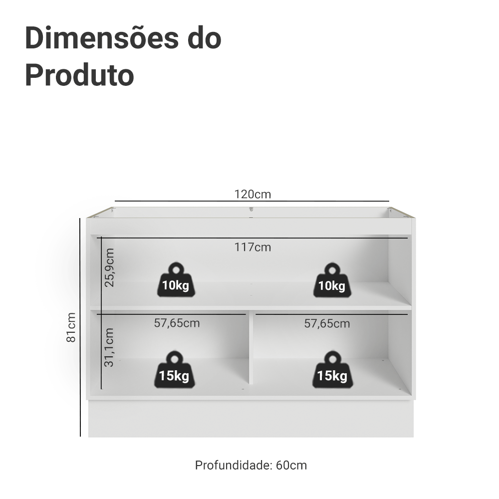 Balcão Gabinete de Pia 120 x 60 cm 2 Portas (Sem Tampo) Branco/Preto Lux Madesa