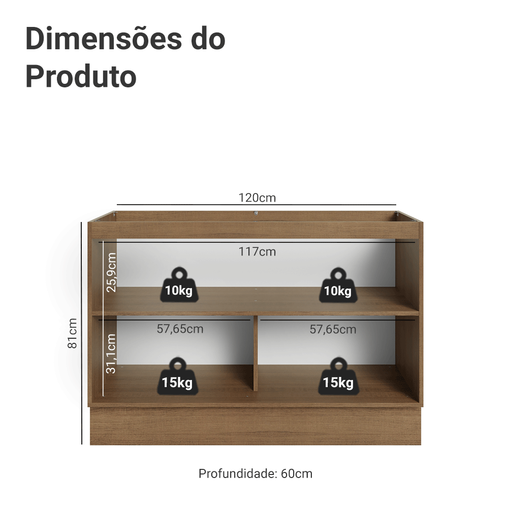 Balcão Gabinete de Pia Madesa Agata 120 x 60 cm 2 Portas (Sem Tampo) Rustic/Preto
