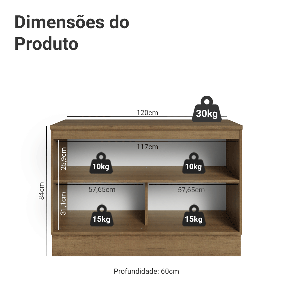 Balcão de Cozinha 120 x 60 cm 2 Portas (Com Tampo) Rustic/Cinza Lux Madesa