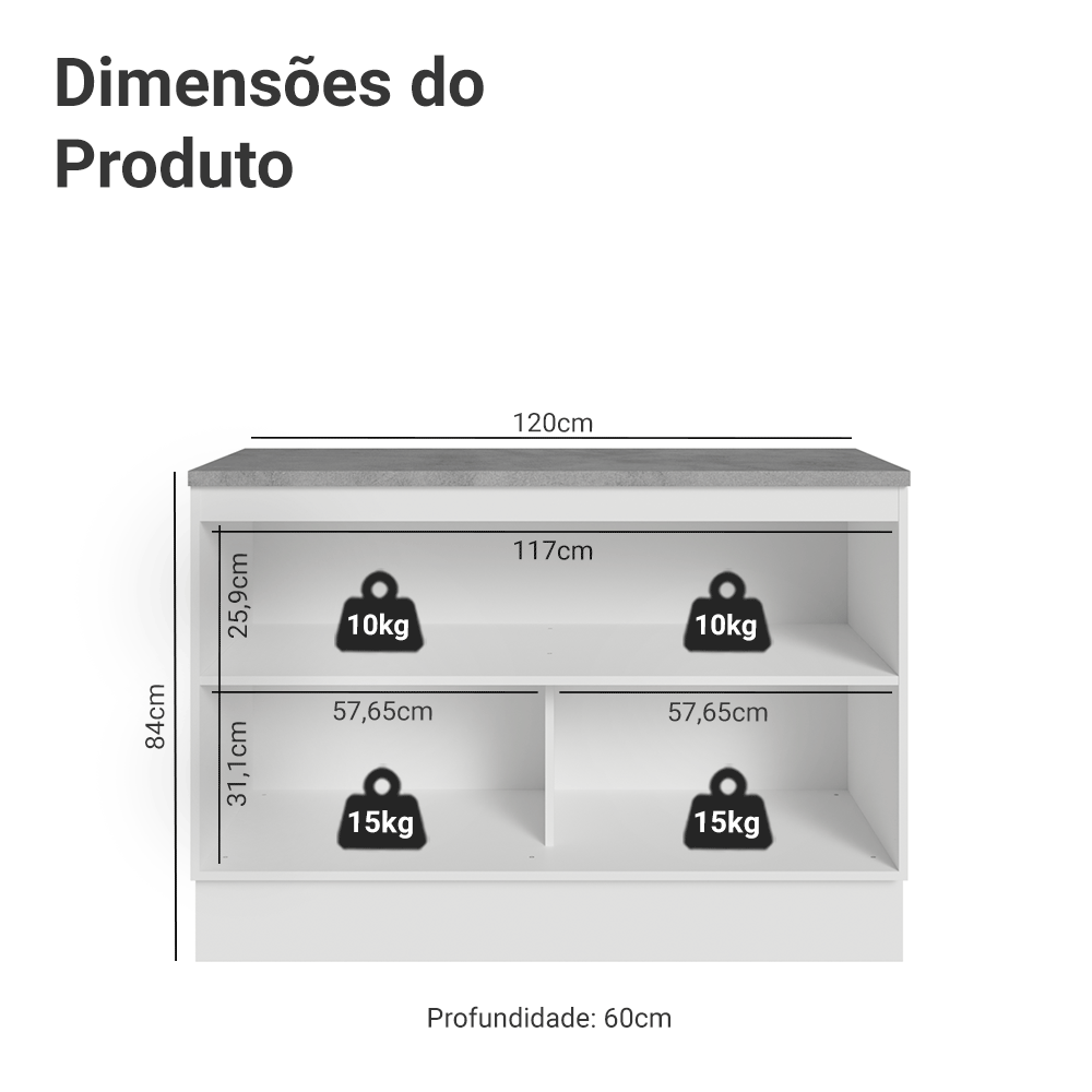 Balcão de Cozinha 120 x 60 cm 2 Portas (Com Tampo) Branco/Cinza Vik Madesa