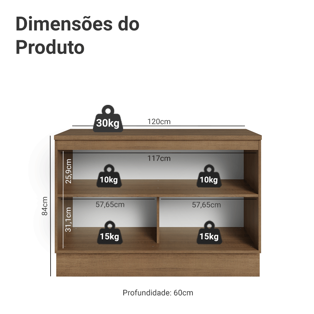 Balcão Gabinete Madesa Agata 120 x 60 cm 2 Portas (Com Tampo) Rustic/Cinza