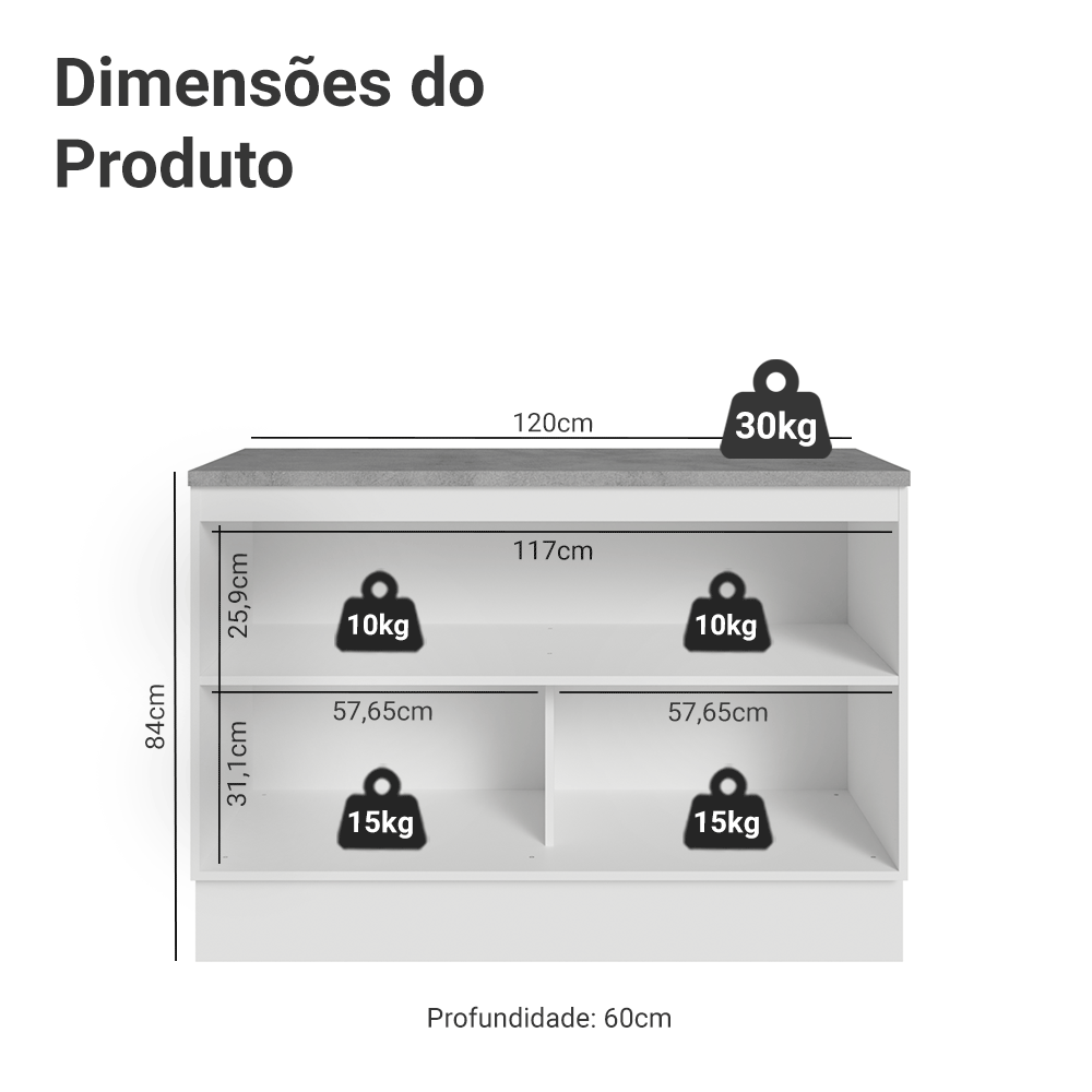 Balcão de Cozinha 120 x 60 cm 2 Portas (Com Tampo) Branco/Branco Veludo Lux Madesa