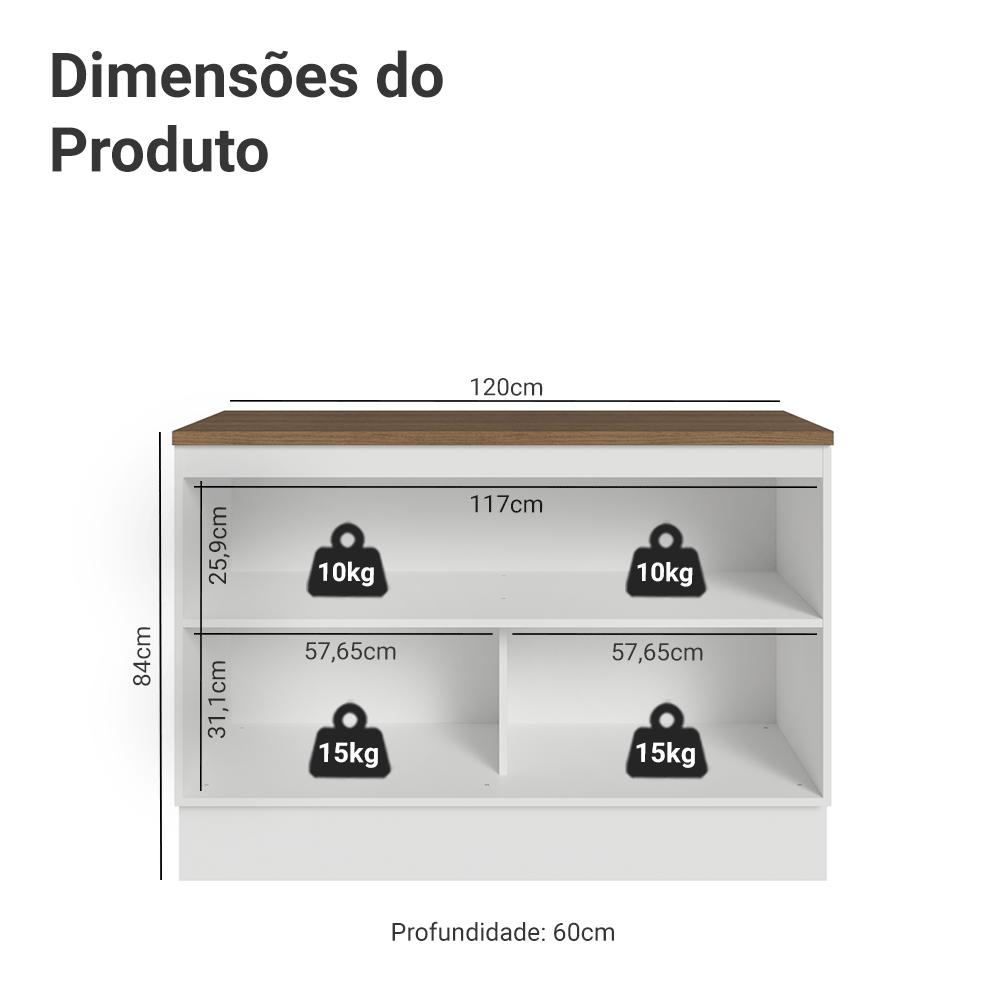 Balcão de Cozinha 120 x 60 cm 2 Portas (Com Tampo) Branco/Rustic Vik Madesa