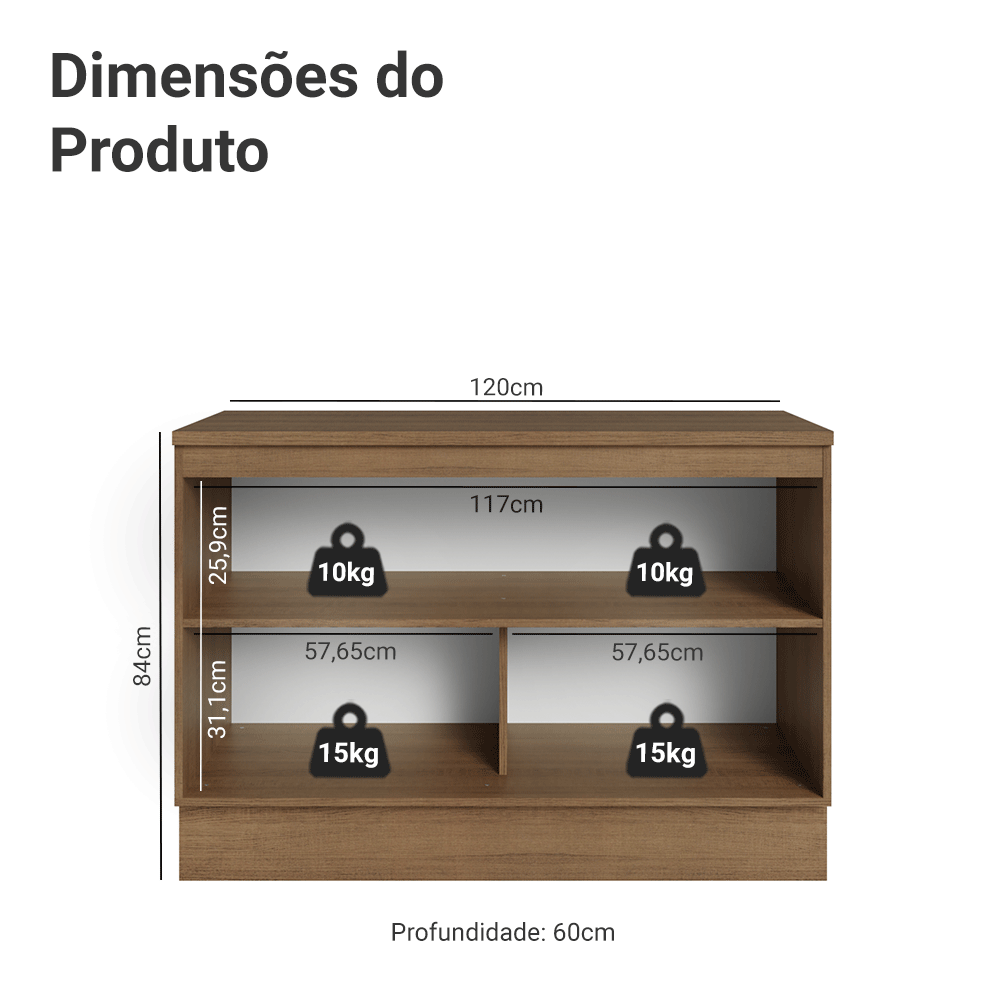 Balcão de Cozinha 120 x 60 cm 2 Portas (Com Tampo) Rustic/Azul Vik Madesa