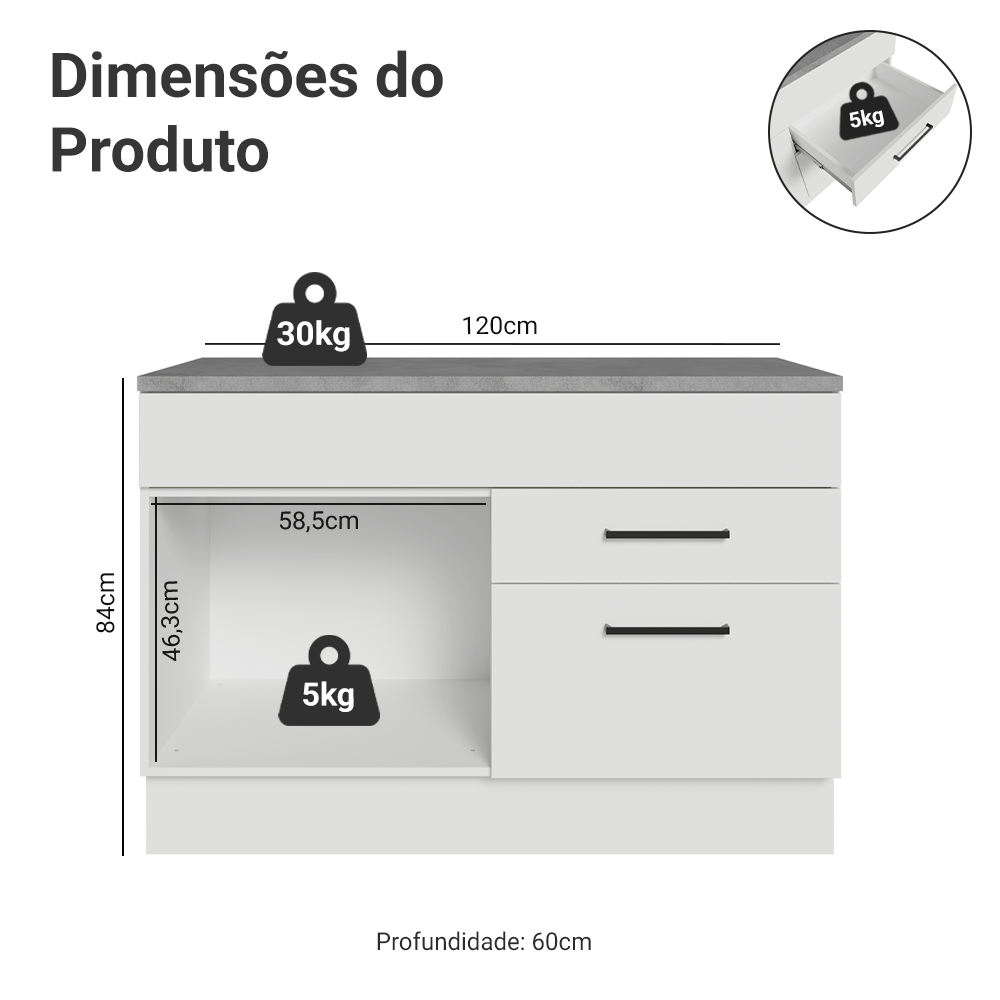 Balcão Gabinete 120 x 60 cm 1 Porta 2 Gavetas Branco (Com Tampo) Agata Madesa