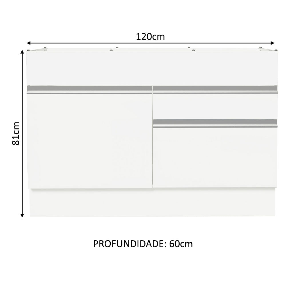 Balcão Gabinete de Pia 120 x 60 cm 1 Porta 2 Gavetas Branco (Sem Tampo) Glamy Madesa