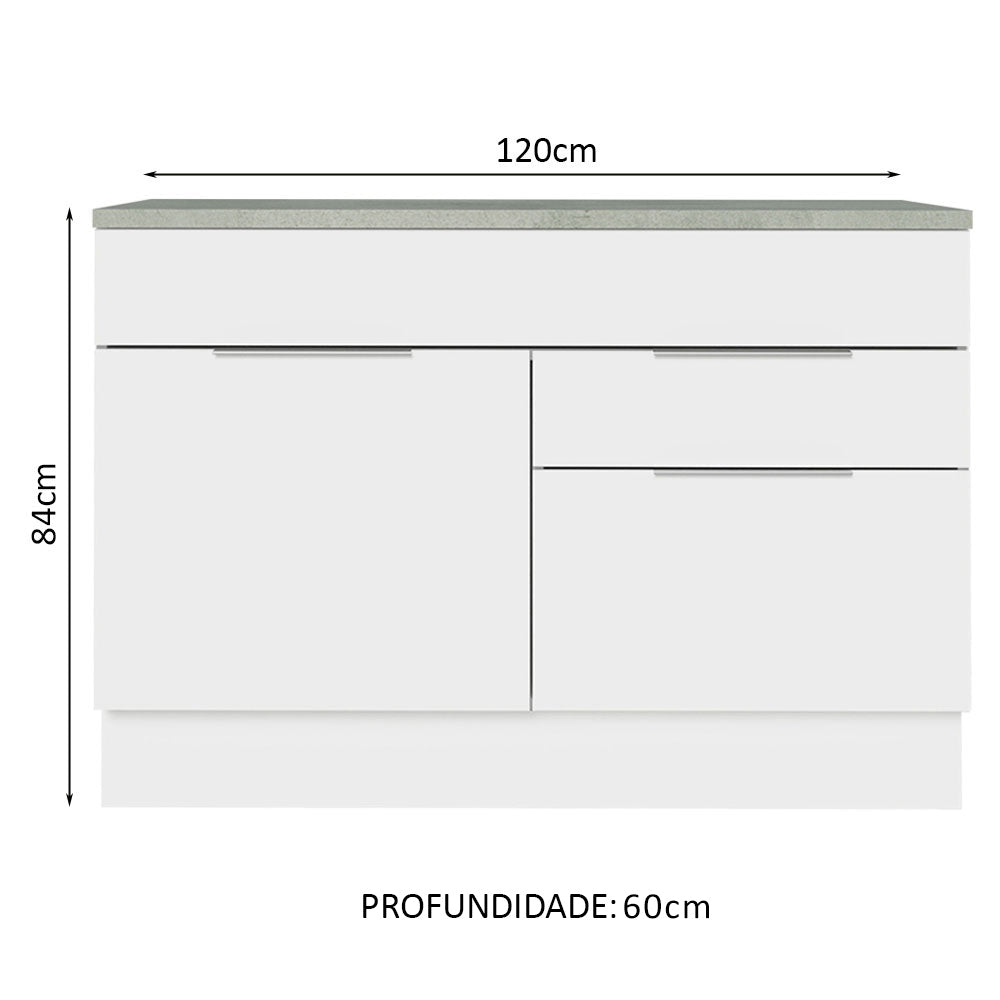 Balcão Cozinha 120 x 60 cm 1 Portas e 2 Gavetas (Com Tampo) Branco Stella Madesa