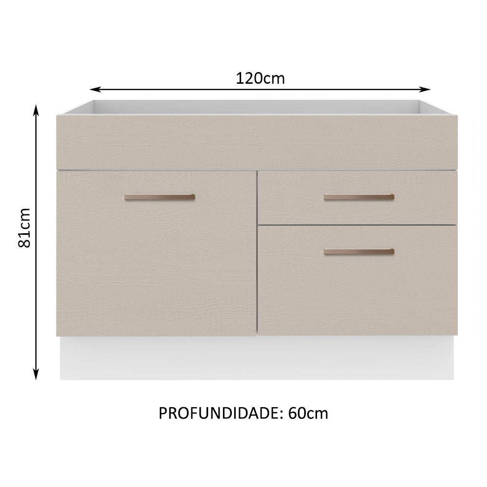 Balcão Gabinete de Pia 120 x 60 cm 1 Porta 2 Gavetas Branco/Crema (Sem Tampo) Agata Madesa