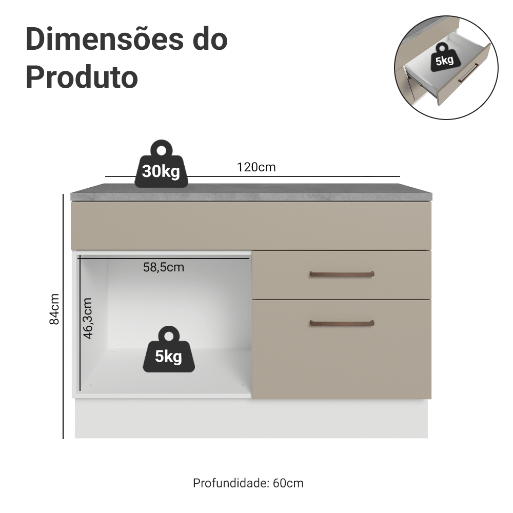 Balcão Gabinete 120 x 60 cm 1 Porta 2 Gavetas Branco/Crema (Com Tampo) Agata Madesa