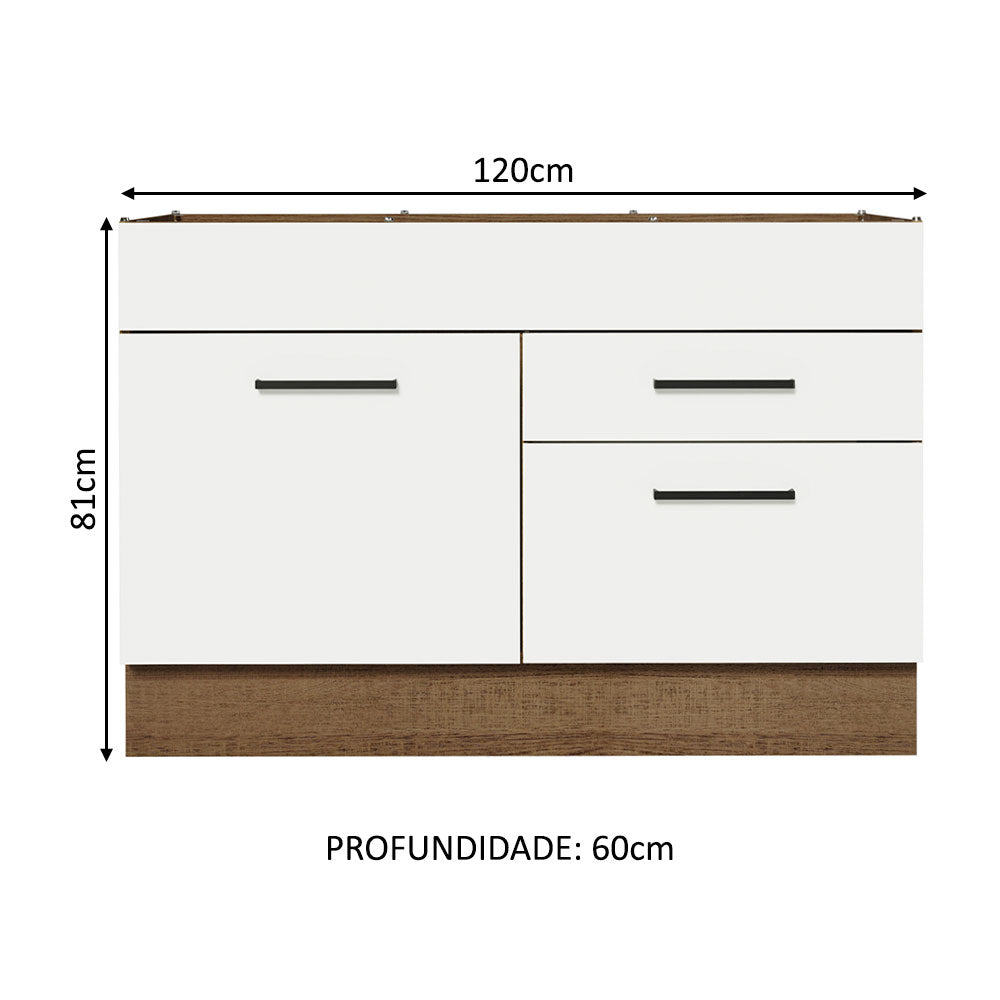 Balcão Gabinete de Pia 120 x 60 cm 1 Porta 2 Gavetas Rustic/Branco (Sem Tampo) Agata Madesa