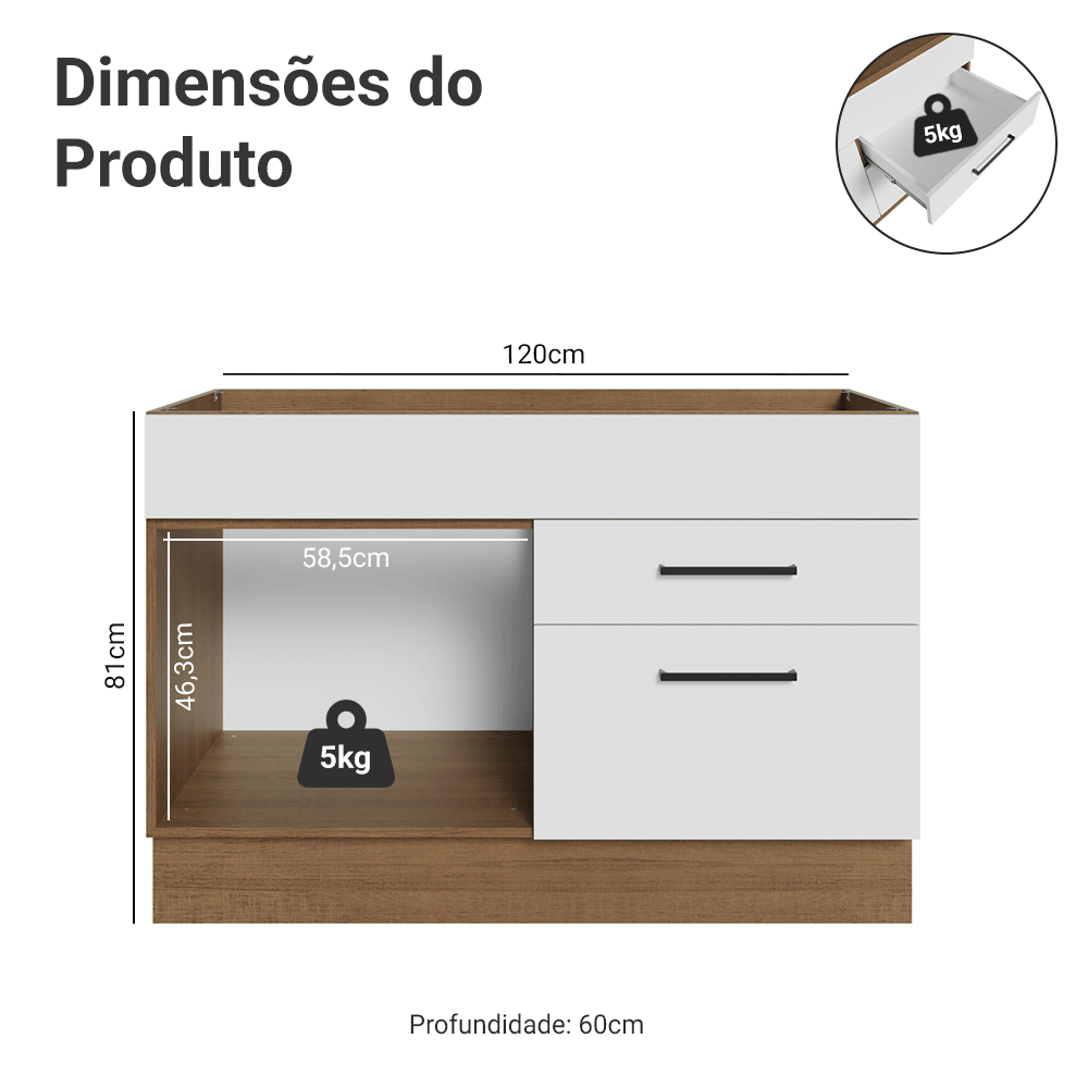 Balcão Gabinete de Pia 120 x 60 cm 1 Porta 2 Gavetas Rustic/Branco (Sem Tampo) Agata Madesa