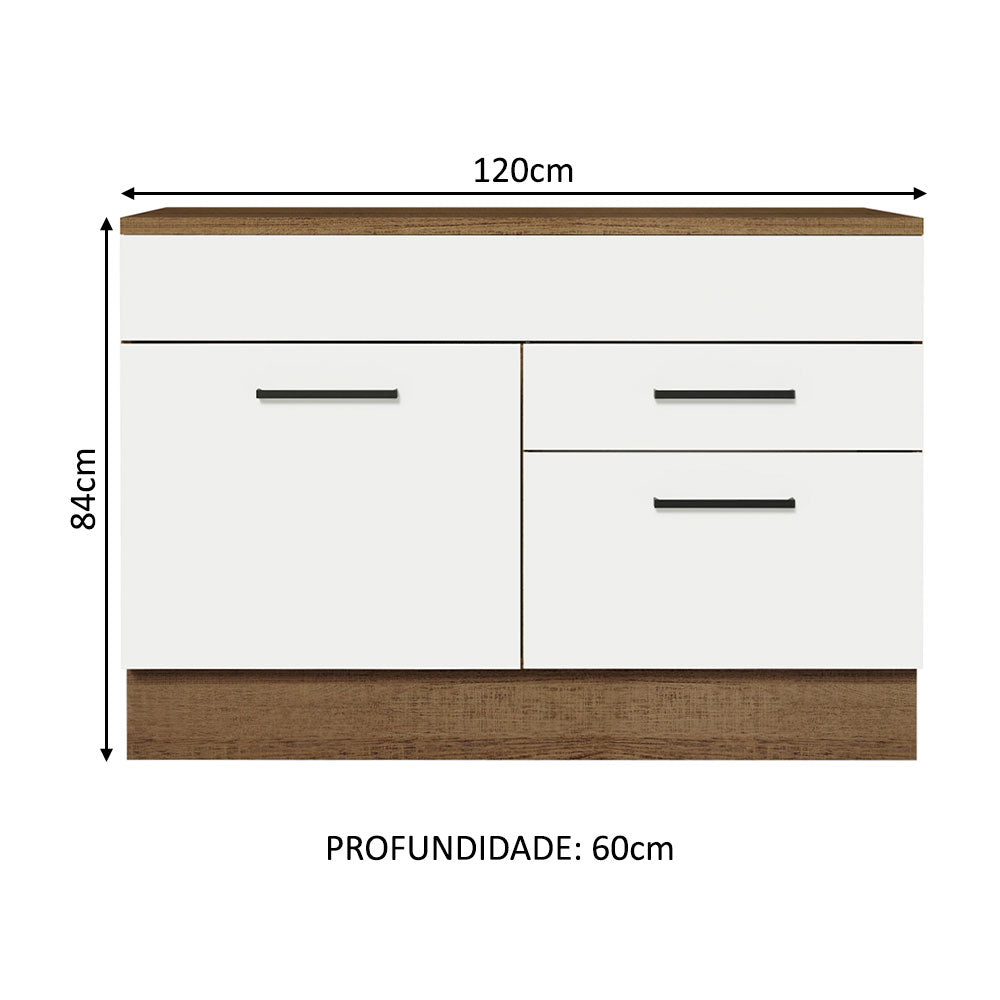 Balcão Gabinete 120 x 60 cm 1 Porta 2 Gavetas Rustic/Branco (Com Tampo) Agata Madesa
