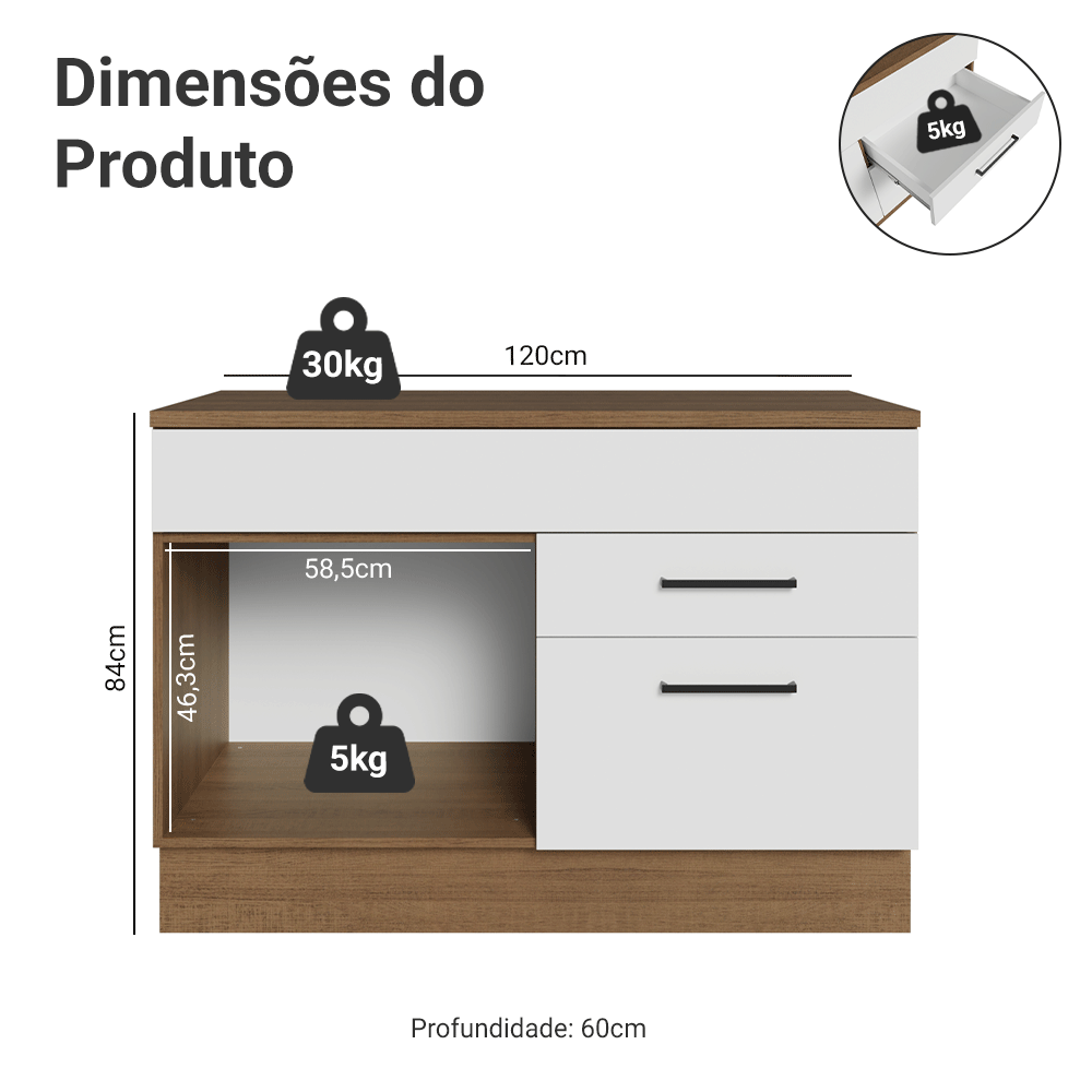 Balcão Gabinete 120 x 60 cm 1 Porta 2 Gavetas Rustic/Branco (Com Tampo) Agata Madesa
