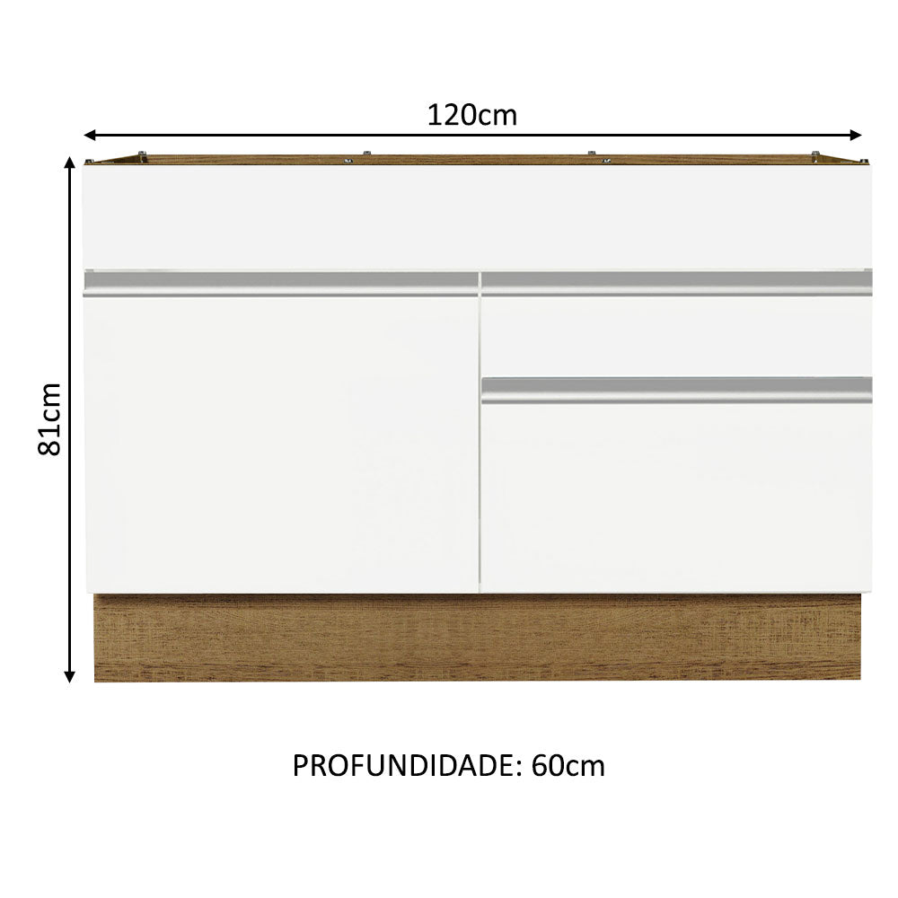 Balcão Gabinete de Pia 120 x 60 cm 1 Porta 2 Gavetas Rustic/Branco (Sem Tampo) Glamy Madesa