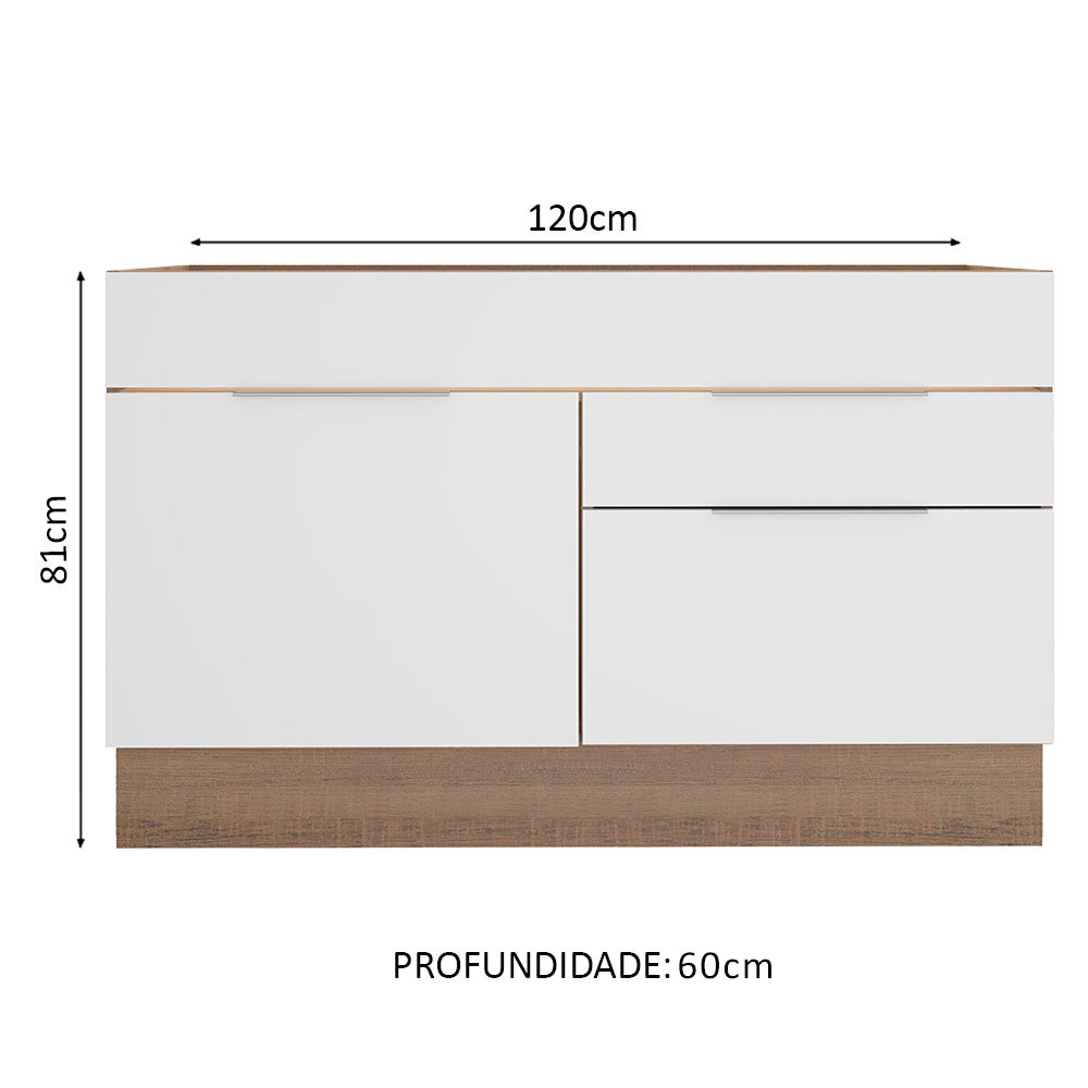 Balcão de Pia Cozinha 120 x 60 cm 1 Porta 2 Gavetas (Sem Tampo) Rustic/Branco Stella Madesa