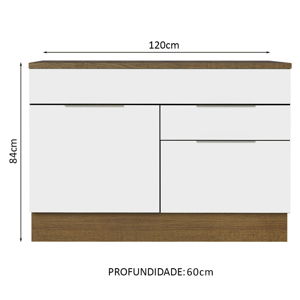 Balcão Cozinha 120 x 60 cm 1 Portas e 2 Gavetas (Com Tampo) Rustic/Branco Stella Madesa