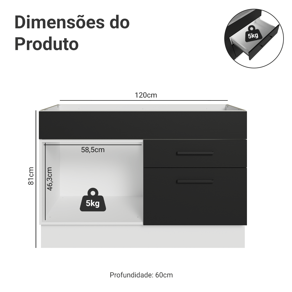 Balcão Gabinete de Pia 120 x 60 cm 1 Porta 2 Gavetas Branco/Preto (Sem Tampo) Agata Madesa