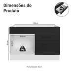Balcão Gabinete de Pia 120 x 60 cm 1 Porta 2 Gavetas Branco/Preto (Sem Tampo) Agata Madesa