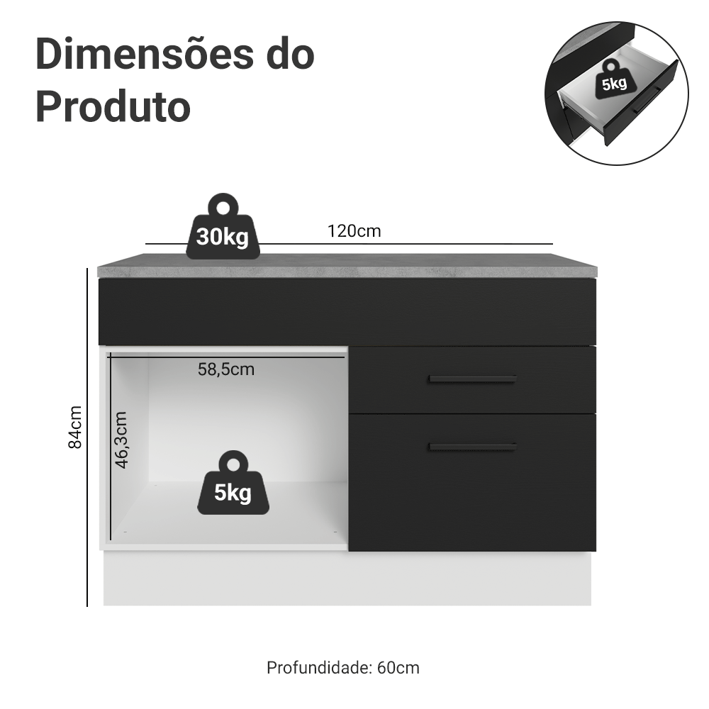 Balcão Gabinete 120 x 60 cm 1 Porta 2 Gavetas Branco/Preto (Com Tampo) Agata Madesa
