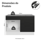 Balcão Gabinete 120 x 60 cm 1 Porta 2 Gavetas Branco/Preto (Com Tampo) Agata Madesa