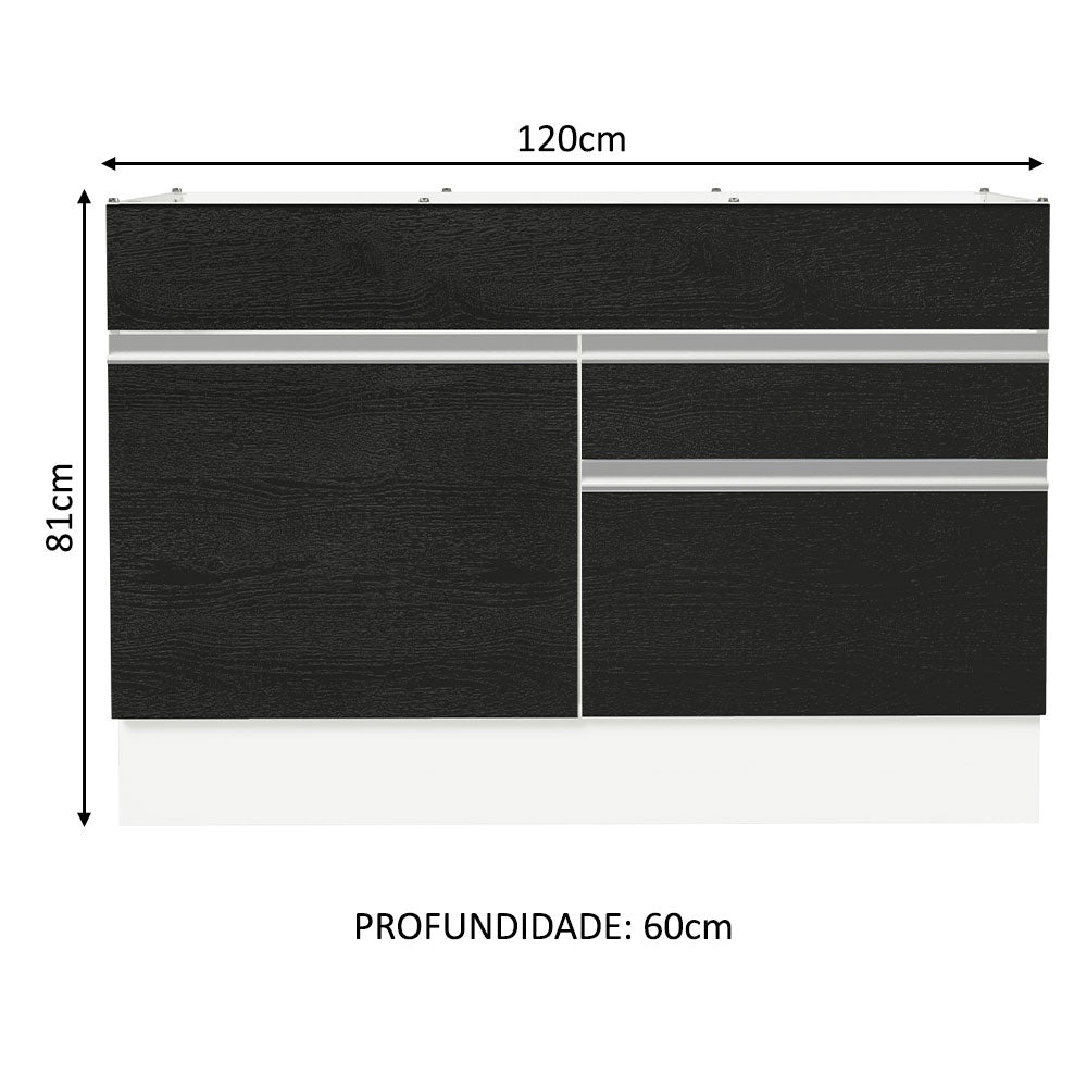 Balcão Gabinete de Pia 120 x 60 cm 1 Porta 2 Gavetas Branco/Preto (Sem Tampo) Glamy Madesa