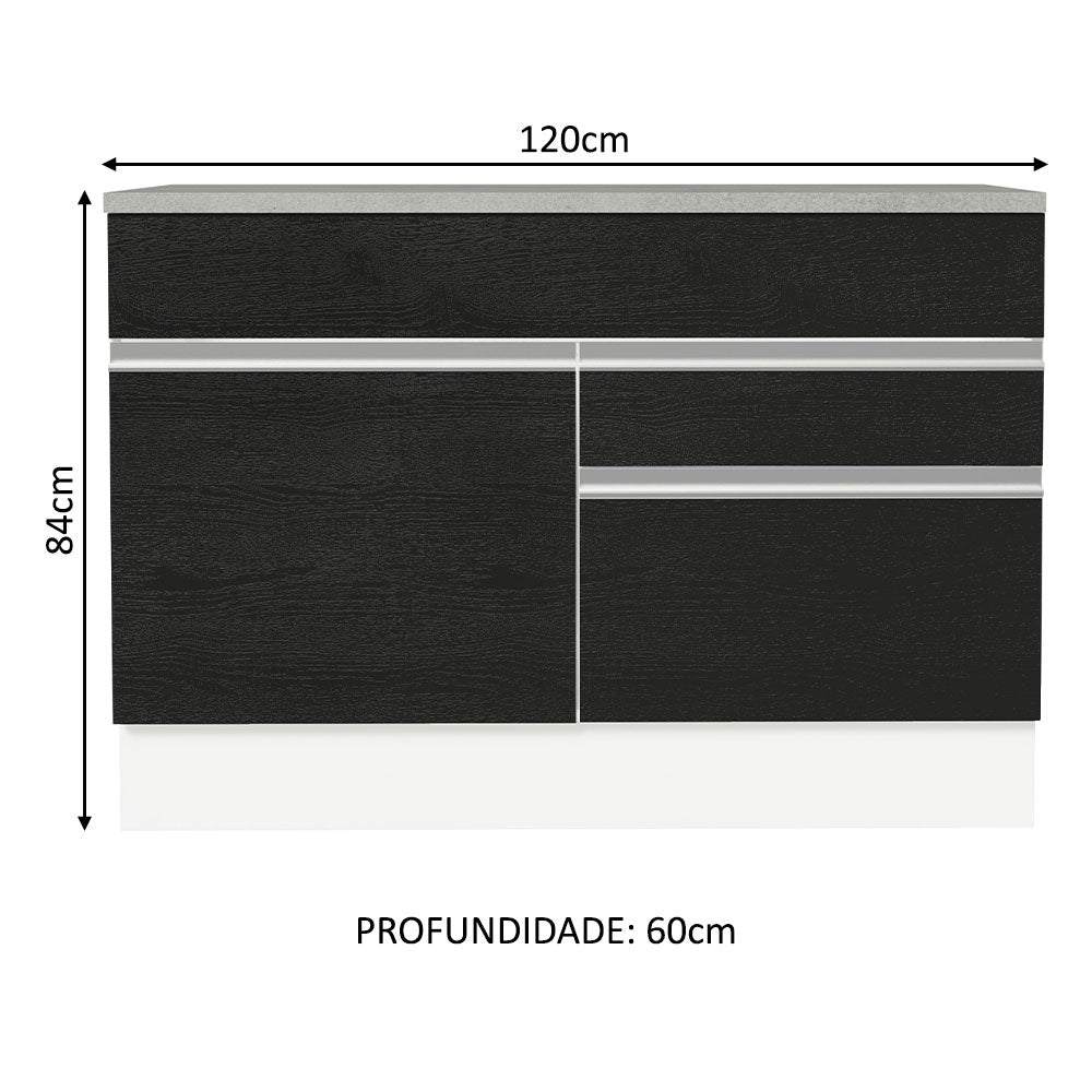Balcão Gabinete 120 x 60 cm 1 Porta 2 Gavetas Branco/Preto (Com Tampo) Glamy Madesa