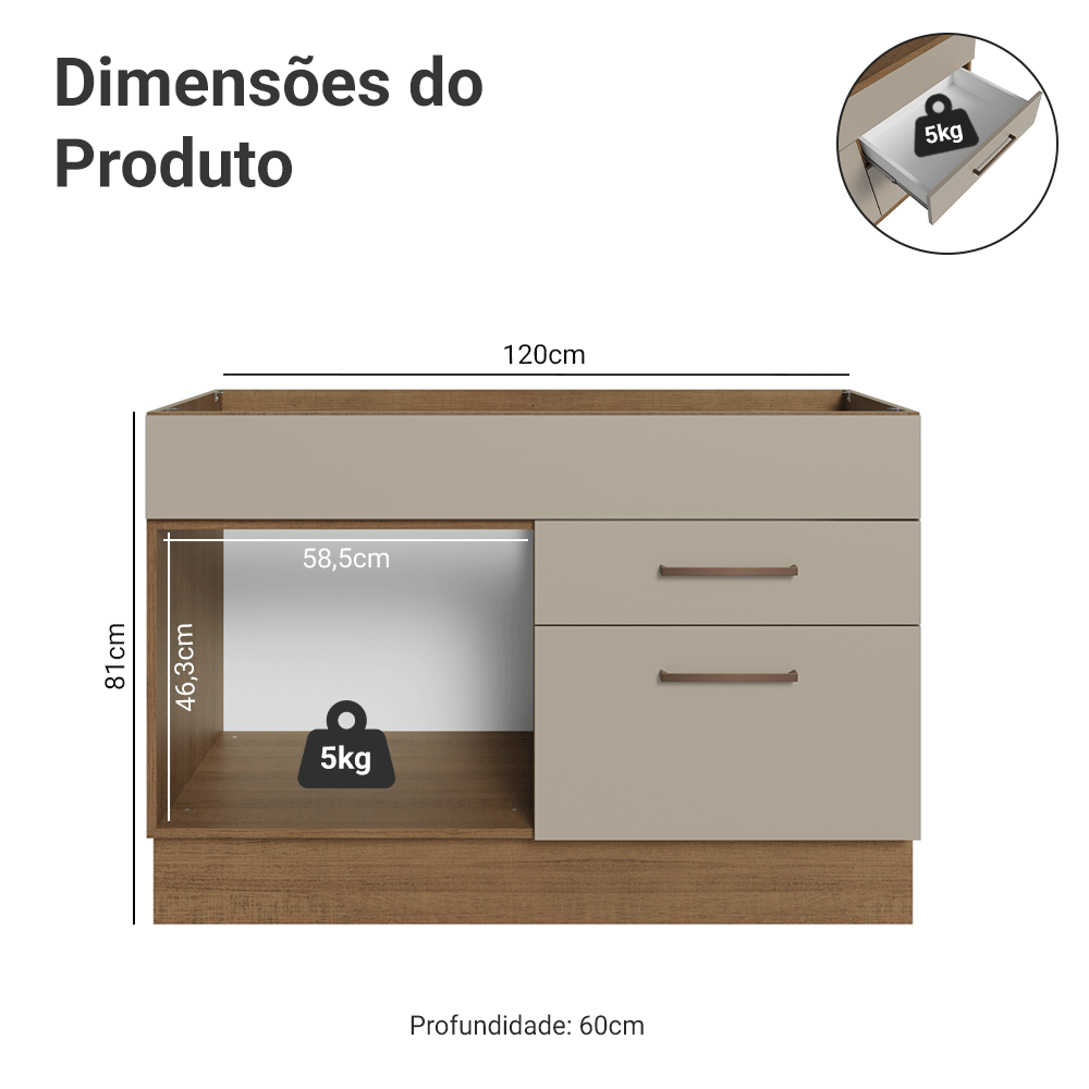 Balcão Gabinete de Pia 120 x 60 cm 1 Porta 2 Gavetas Rustic/Crema (Sem Tampo) Agata Madesa