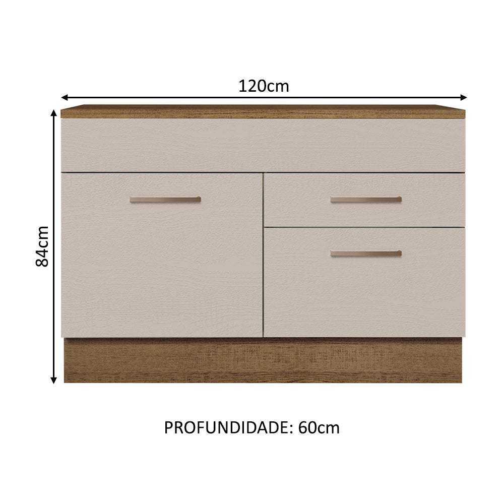 Balcão Gabinete 120 x 60 cm 1 Porta 2 Gavetas Rustic/Crema (Com Tampo) Agata Madesa