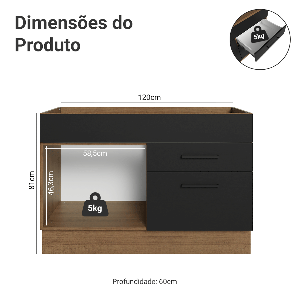 Balcão Gabinete de Pia 120 x 60 cm 1 Porta 2 Gavetas Rustic/Preto (Sem Tampo) Agata Madesa