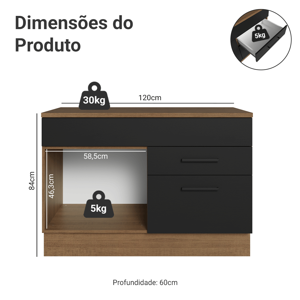 Balcão Gabinete 120 x 60 cm 1 Porta 2 Gavetas Rustic/Preto (Com Tampo) Agata Madesa