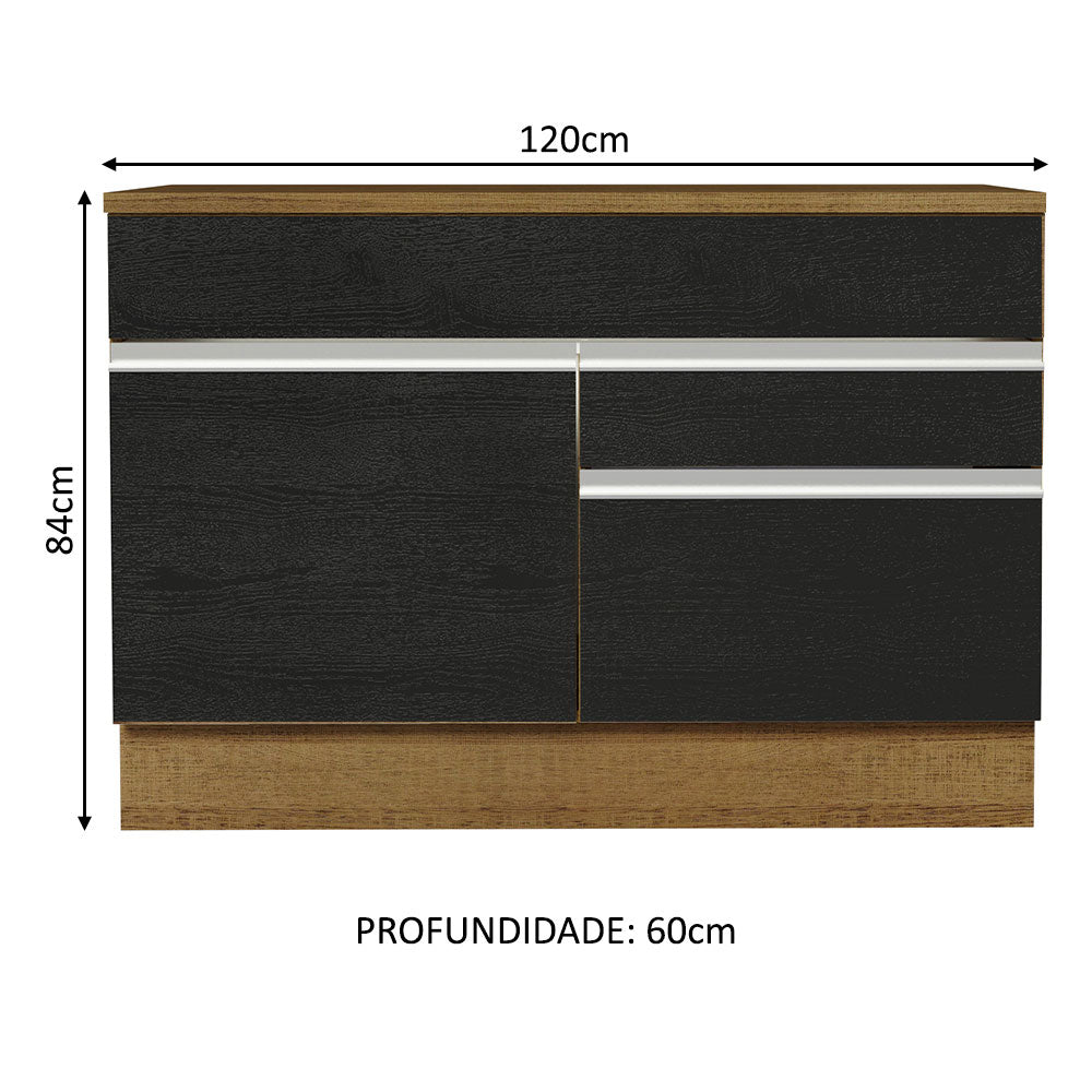 Balcão Gabinete 120 x 60 cm 1 Porta 2 Gavetas Rustic/Preto (Com Tampo) Glamy Madesa