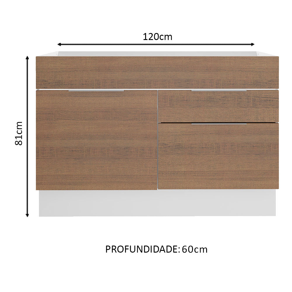 Balcão de Pia Cozinha 120 x 60 cm 1 Porta 2 Gavetas (Sem Tampo) Branco/Rustic Stella Madesa