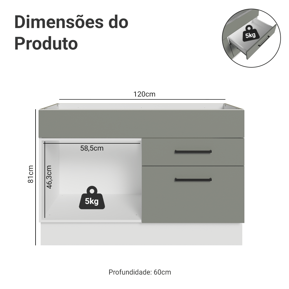 Balcão Gabinete de Pia 120 x 60 cm 1 Porta 2 Gavetas Branco/Cinza (Sem Tampo) Agata Madesa
