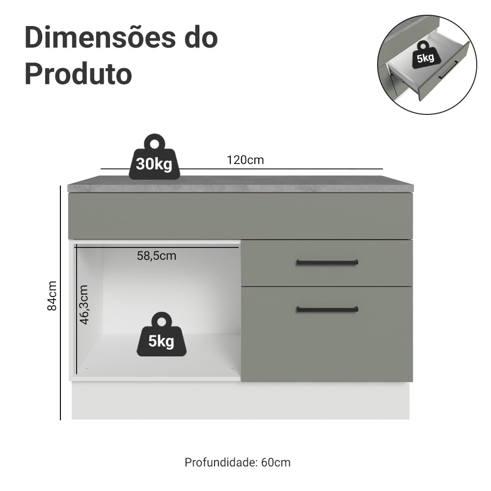 Balcão Gabinete 120 x 60 cm 1 Porta 2 Gavetas Branco/Cinza (Com Tampo) Agata Madesa