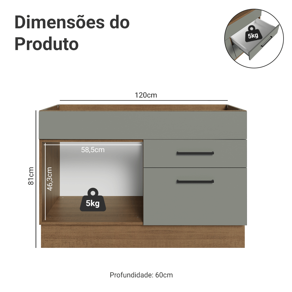 Balcão Gabinete de Pia 120 x 60 cm 1 Porta 2 Gavetas Rustic/Cinza (Sem Tampo) Agata Madesa