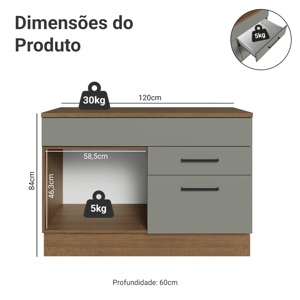 Balcão Gabinete 120 x 60 cm 1 Porta 2 Gavetas Rustic/Cinza (Com Tampo) Agata Madesa