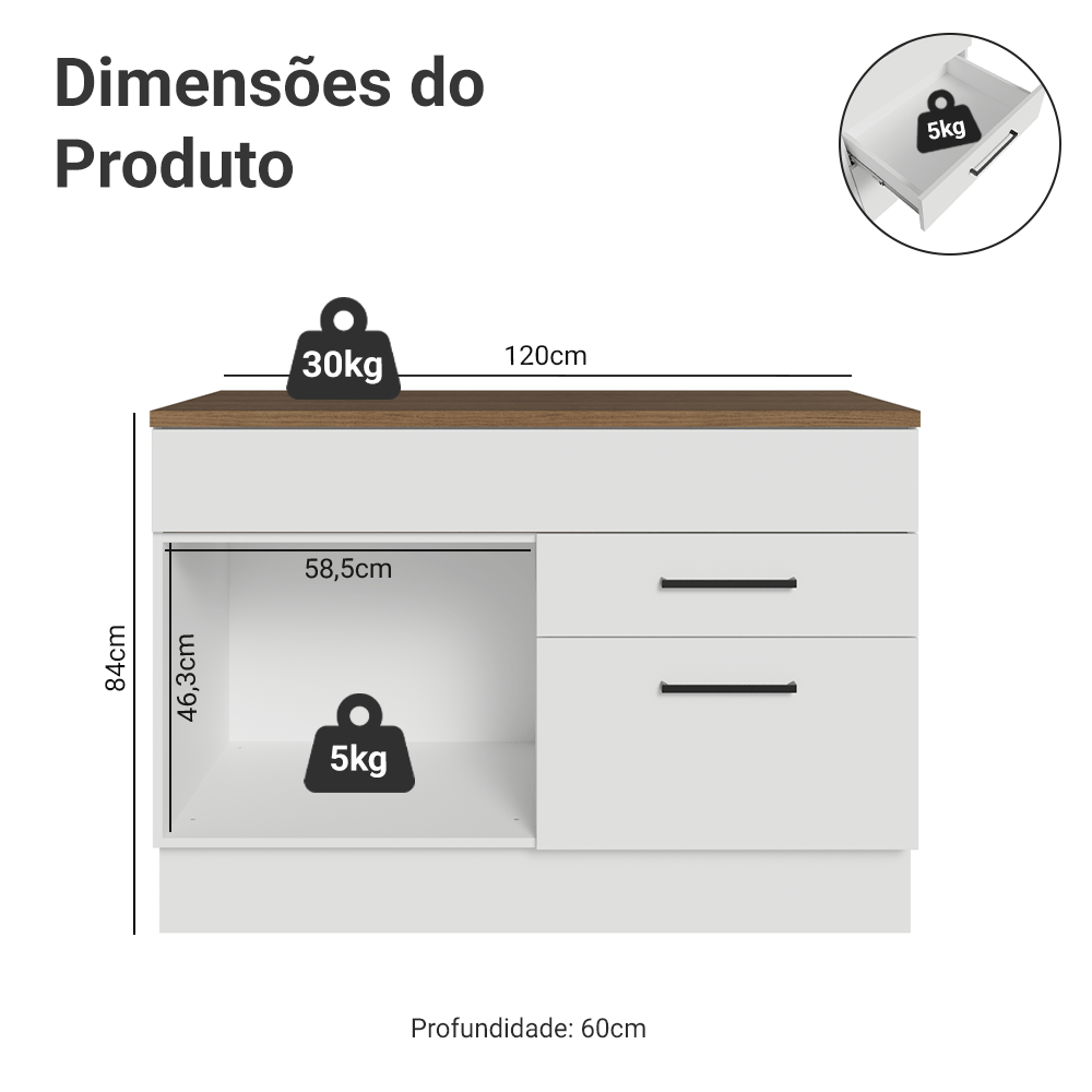 Balcão de Cozinha 120 x 60 cm 2 Portas 1 Gaveta Branco Tampo Rustic Agata Madesa