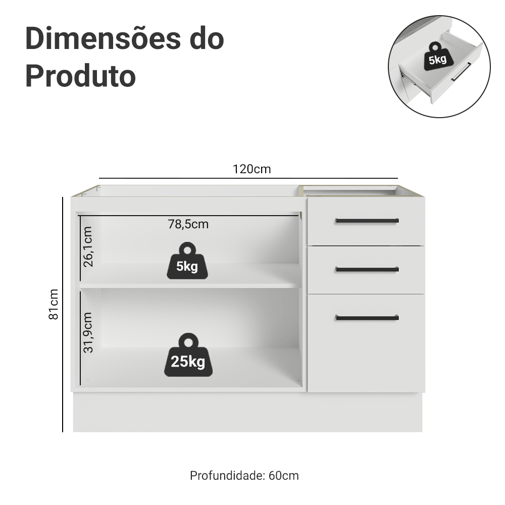 Balcão Gabinete de Pia Madesa Agata 120 x 60 cm 2 Portas e 3 Gavetas (Sem Tampo) Branco