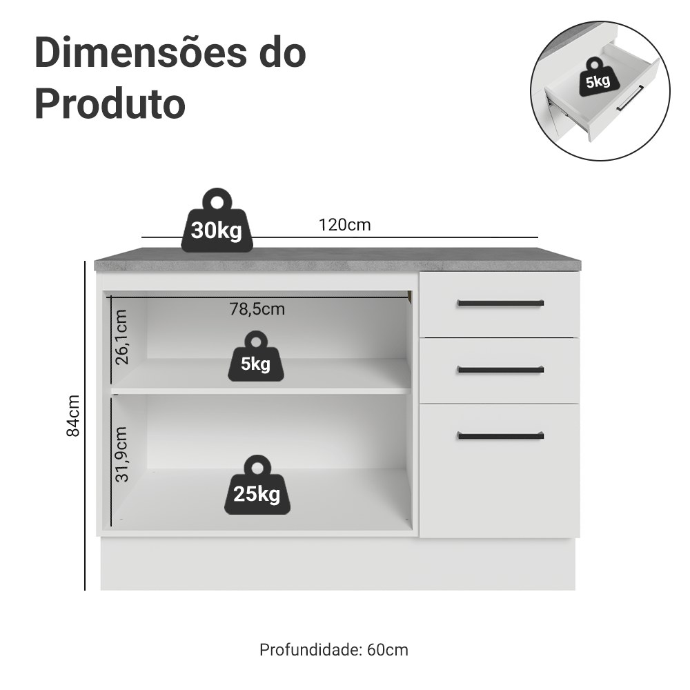 Balcão Cozinha 120 x 60 cm 2 Portas e 3 Gavetas (Com Tampo) Branco Agata Madesa