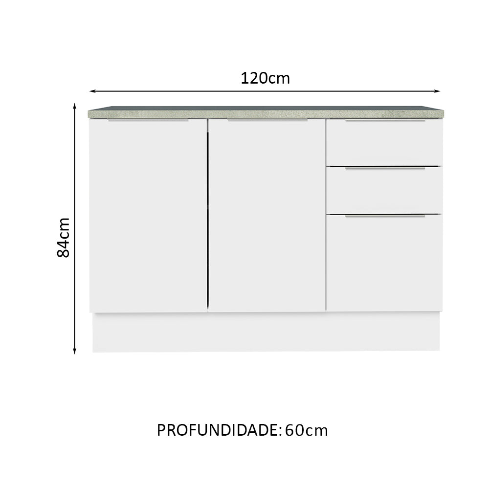 Balcão Cozinha 120 x 60 cm 2 Portas e 3 Gavetas (Com Tampo) Branco Stella Madesa