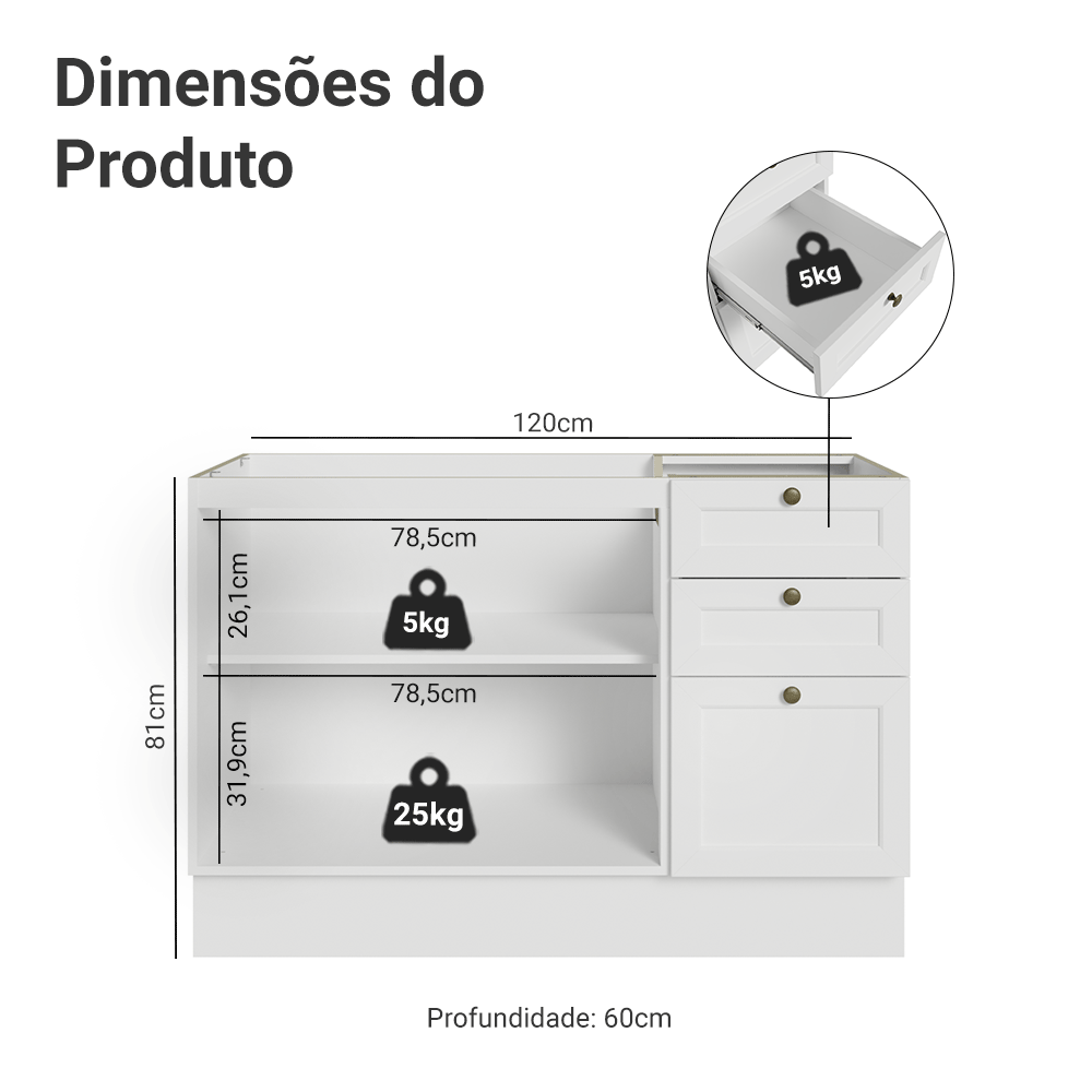 Balcão de Pia 120 x 60 cm 2 Portas 3 Gavetas (Sem Tampo) Branco Vik Madesa