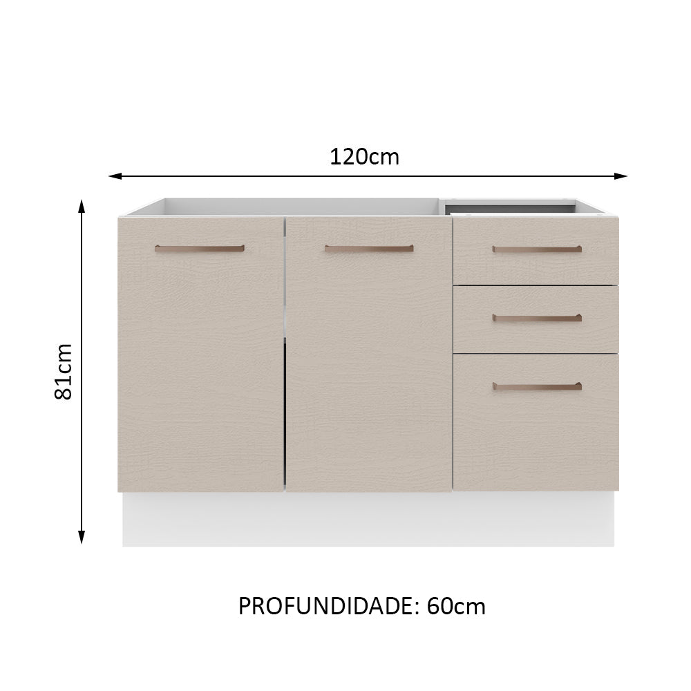 Balcão Gabinete de Pia 120 x 60 cm 2 Portas e 3 Gavetas (Sem Tampo) Branco/Crema Agata Madesa