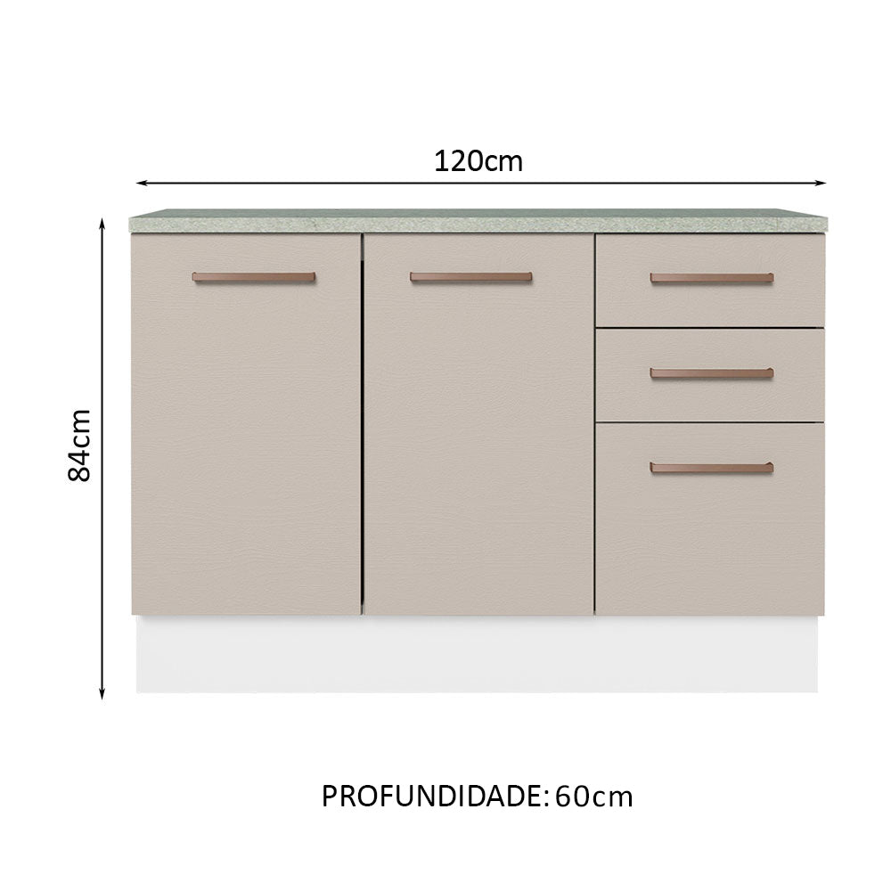 Balcão Cozinha 120 x 60 cm 2 Portas e 3 Gavetas (Com Tampo) Branco/Crema Agata Madesa