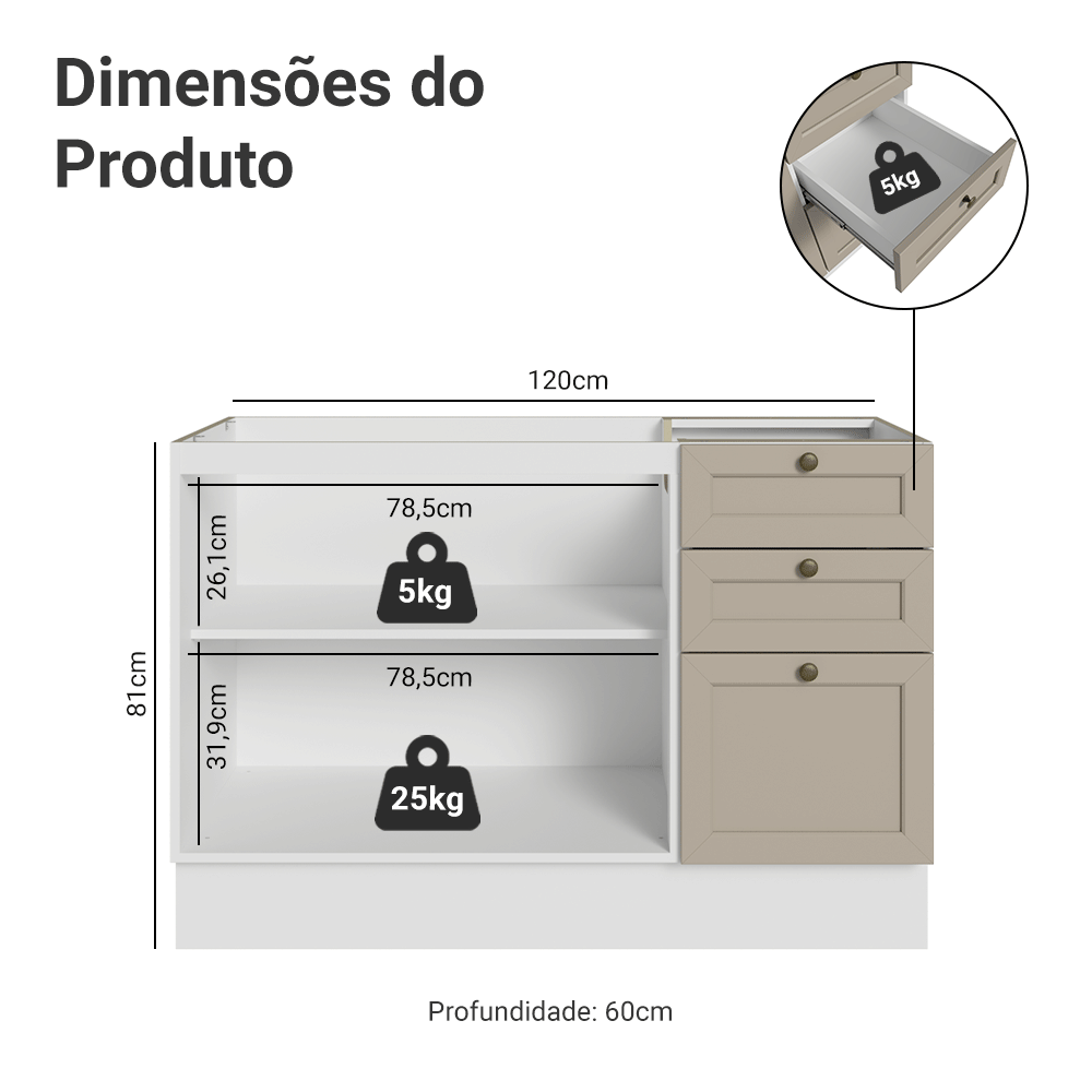 Balcão de Pia 120 x 60 cm 2 Portas 3 Gavetas (Sem Tampo) Branco/Crema Vik Madesa