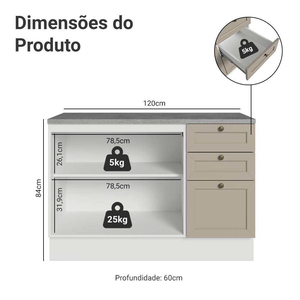 Balcão de Cozinha 120 x 60 cm 2 Portas 3 Gavetas (Com Tampo) Branco/Crema Vik Madesa