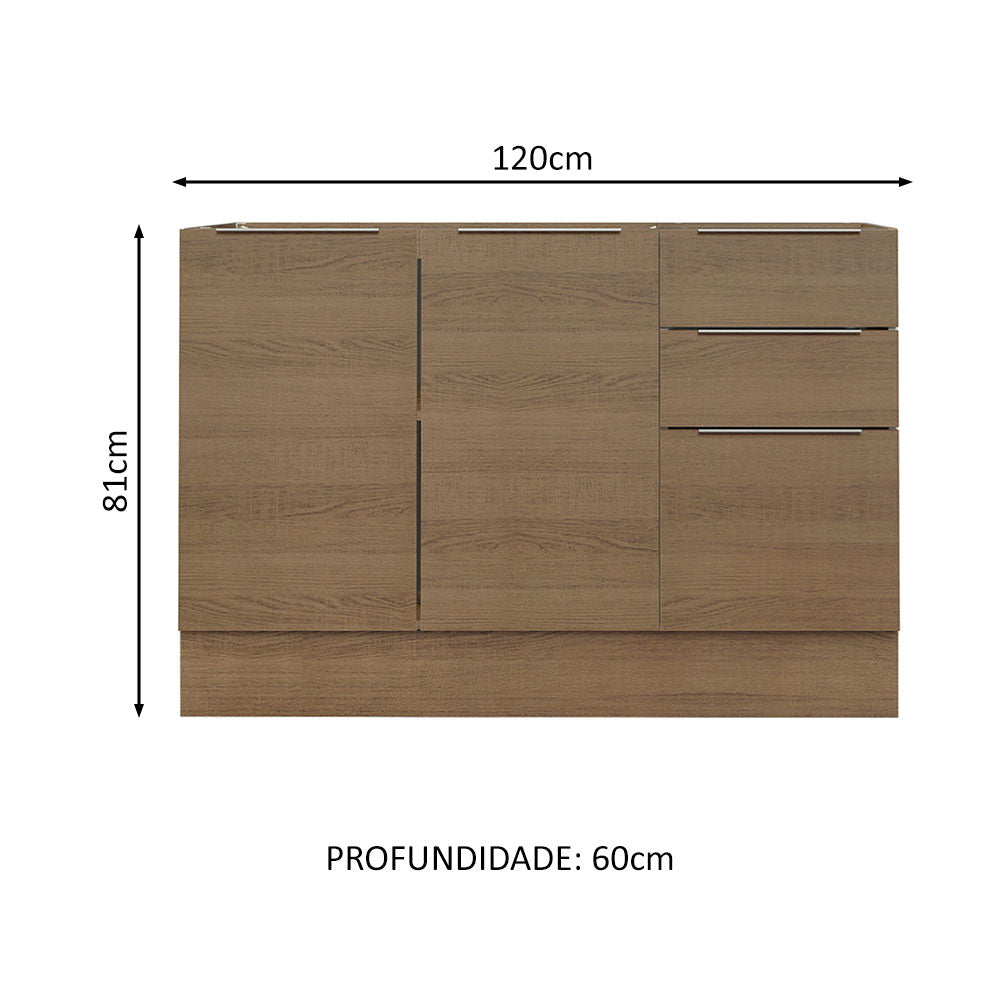 Balcão Gabinete de Pia Madesa Stella 120 x 60 cm 2 Portas e 3 Gavetas (Sem Tampo) Rustic